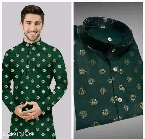 Regular Stripe Show Button Cotton Blend Mandarin Neck Long Sleeves Knee Length Kurti (Green, S)
