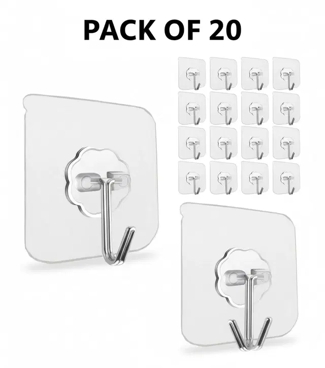 Plastic Wall Hooks, Transparent (Pack of 20)