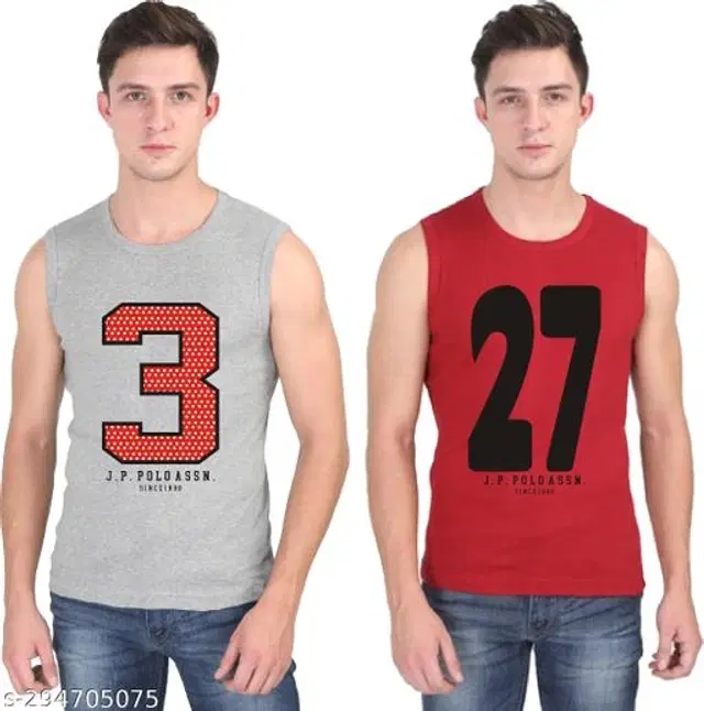 Cotton Vests for Men, Pack of 2 (Grey & Red, XS)