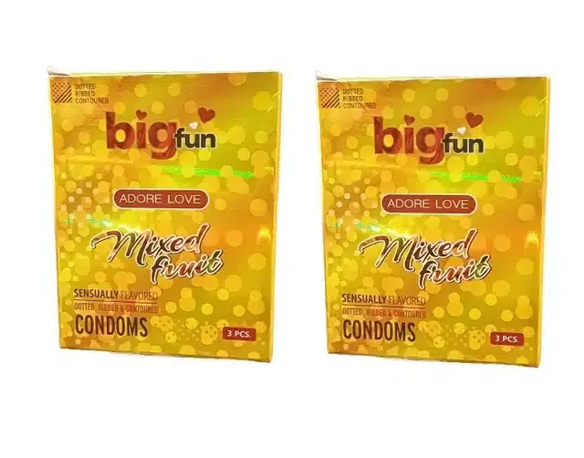 Bigfun Mixed Fruit Flavored 3 Pcs Dotted Ribbed & Contoured Condom, Set of 2