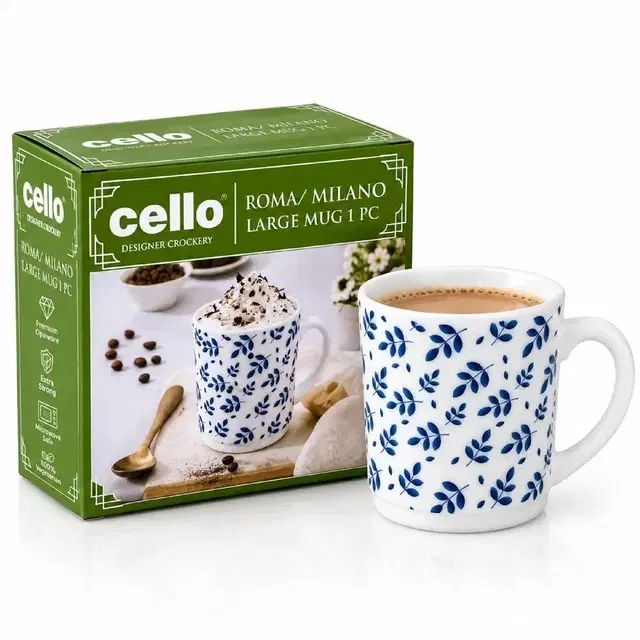 Cello Imperial Blue Foliage Premium Roma Mug, 300 ml | Pack Of 1 | Microwave & Dishwasher Safe | Chip-Resistant Opalware | For Tea, Coffee & Milk