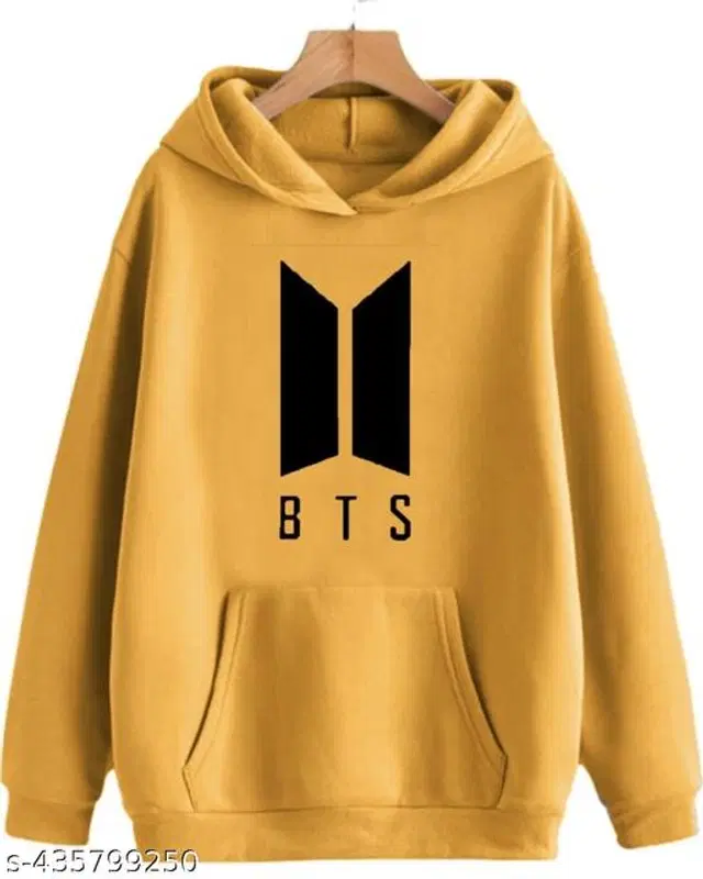 Fleece Printed Hoodie for Women (Mustard, S)