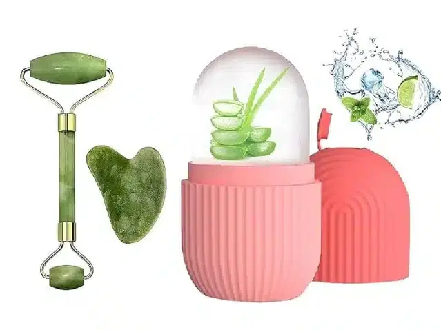 Face Stone Jade Massage Roller with Gua Sha Stone & Ice Roller Set, Multicolour, Set of 2