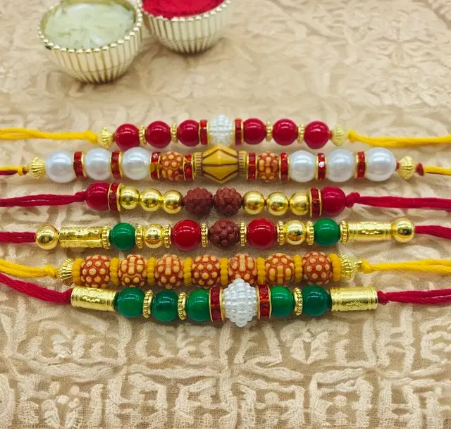 Handmade Designer Rakhi with Roli Chawal, Multicolor, Pack of 6