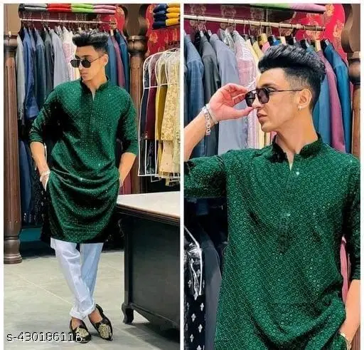 Embellished Punjabi Kurta for Men (Green, XXS)