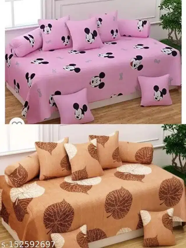 Polycotton Diwan Cover Set, Pink & Tan, Combo of 2
