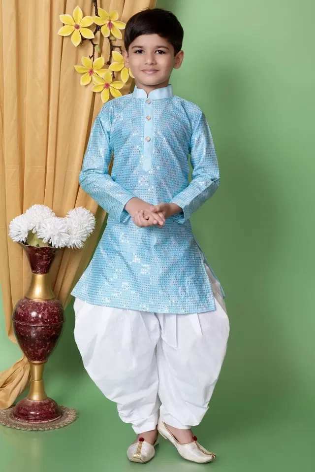 Dupion Silk Embellished Kurta with Dhoti for Boys, Sky Blue & White (6-12 Months)