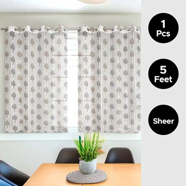 Sheer Floral Printed Brown Window Curtain 5ft Pack of 1