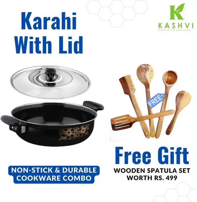 Cast Iron Kadai with 5 Pcs Spatula Set, Multicolor, Set of 2
