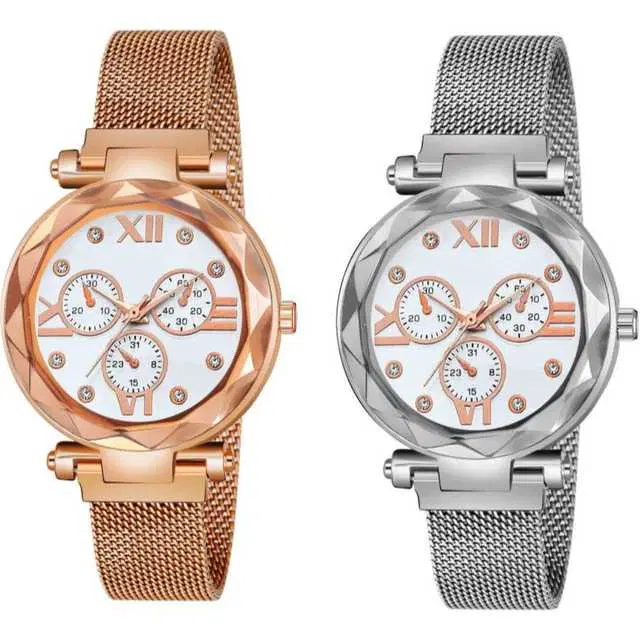 Casual Metal Analog Watch Combo Women, Pack Of 2 (Rose Gold & Silver) (MP-713)