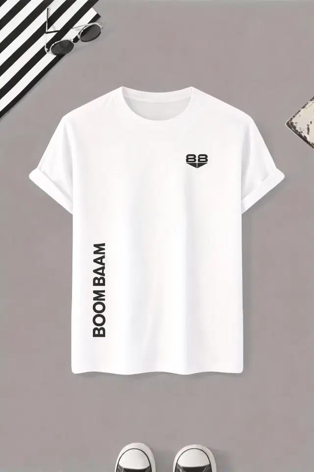 Polyester Printed Round Neck T-shirt for Men, White (L)