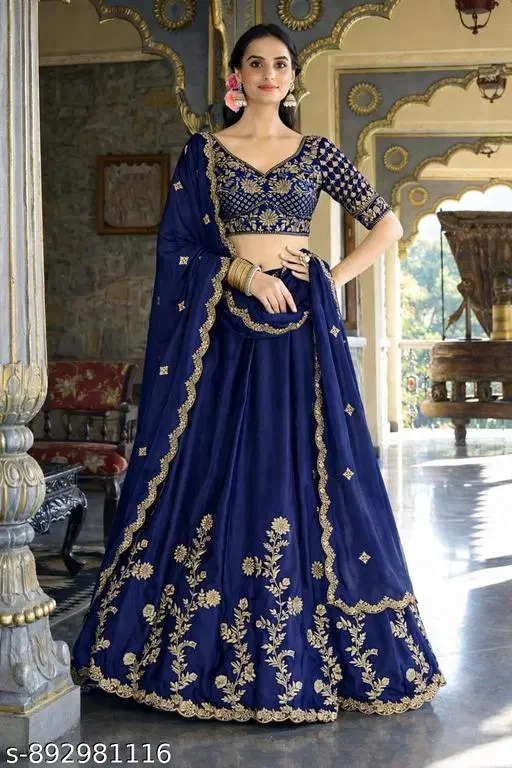Lehenga Choli for Women (Dark Blue, Semi Stitched)