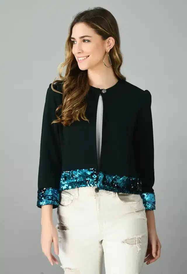 Full Sleeves Shrug for Women (Black & Blue, L)