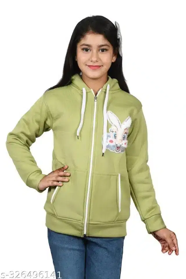Woolen Full Sleeves Hooded Sweatshirt for Girls (Mint Green, 11-12 Years)