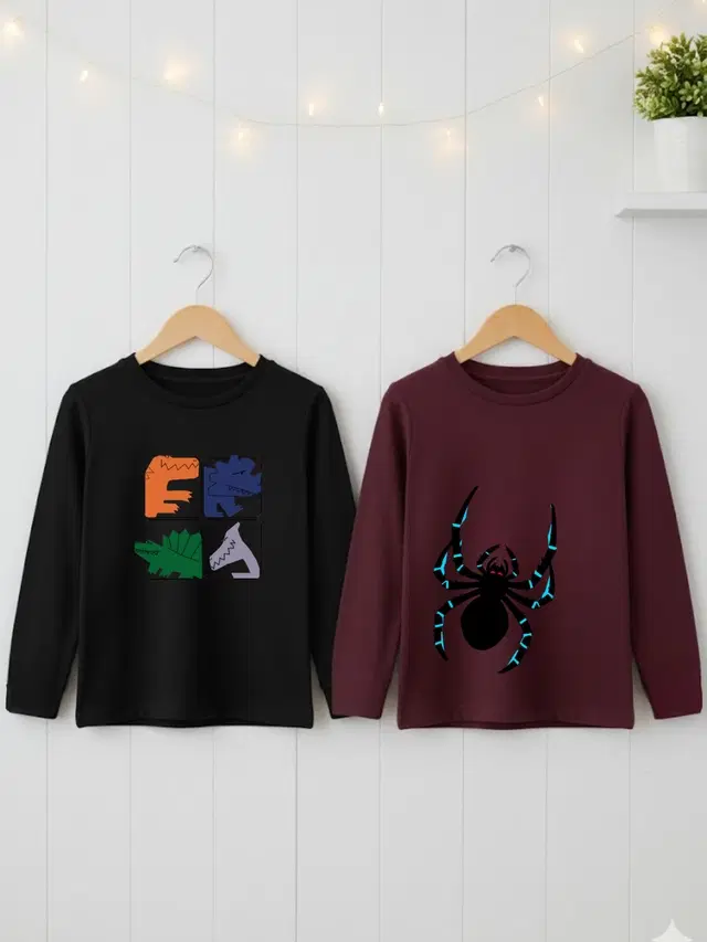 Cotton Printed T-Shirt For Kids, Black & Maroon, 2-3 Years, Pack Of 2