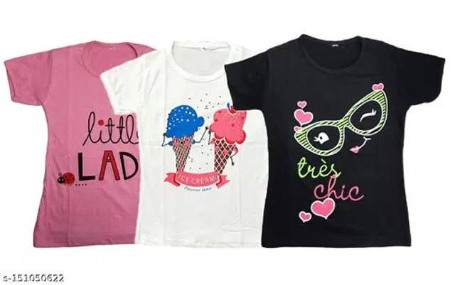 Round Neck Printed T-Shirt for Girls, Pack of 3 (Multicolor, 2-3 Years)
