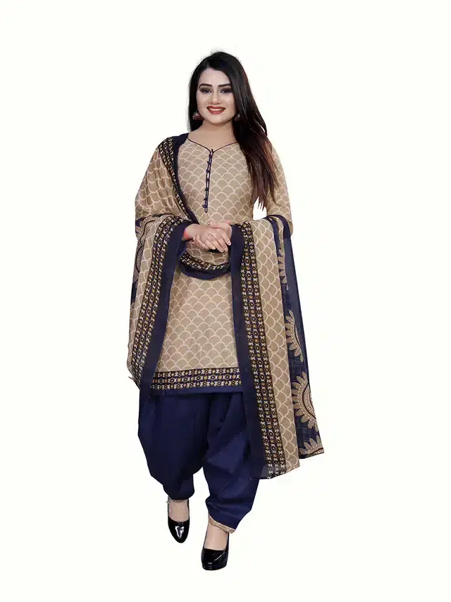 Cotton Suit Fabric with Dupatta for Women (Beige)