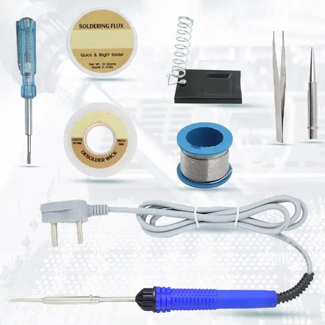 Atrocitus 8in1 Basic 25W Soldering Iron Kit with 5 Meter Solder Wire, Flux, Stand, Tester, Bit, Tweezer, Wick 25 W Simple, Flat, Pointed Tip