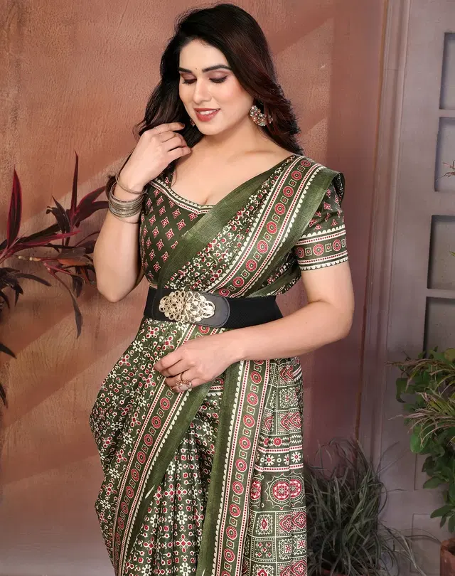 Leheriya Printed Saree for Women (Olive, Free Size)