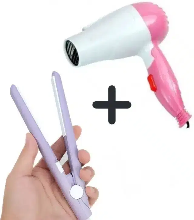 Mini Hair Straightener with Dryer, Set of 2, Pink & White