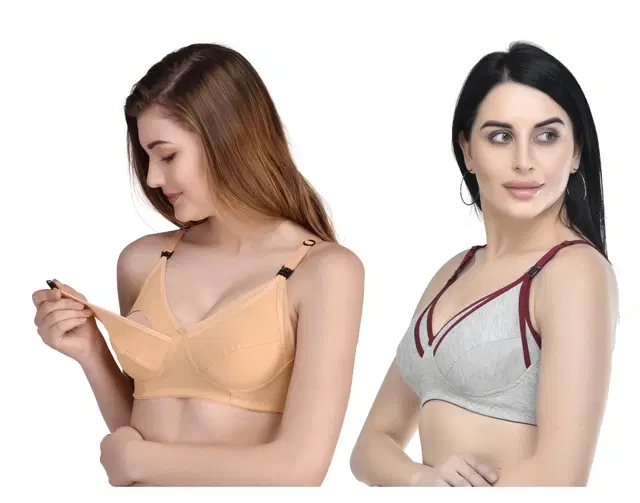 Cotton Blend Solid Non Padded Feeding Bras for Women, Pack of 2 (Multicolor, 32)