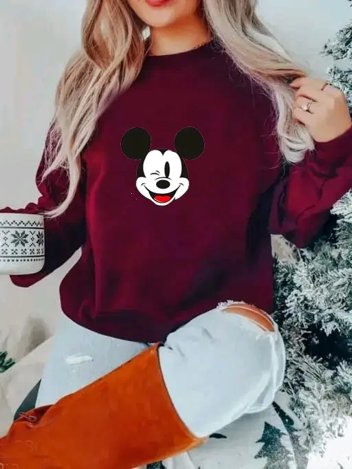 Fleece Printed Sweatshirt for Women (Maroon, M)