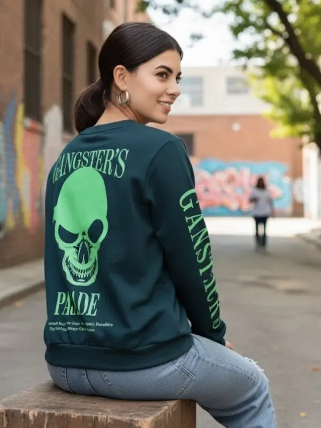 Fleece Printed Hoodie For Women, Green (S)