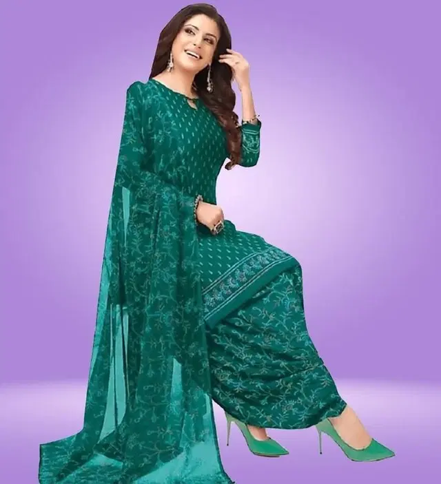 Crepe Printed unstitched suits for women, Teal Green