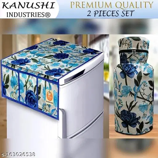 KANUSHI Industries® Fridge Cover for Top with Pockets/Refrigerator Cover + 1 Pc Lpg Gas Cylinder Cover(FRI+CYL-BLUE-ROSE)