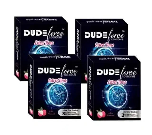 Dude Force 3 Pcs Extra Time Lychee Flavoured Condoms for Men, Set of 4