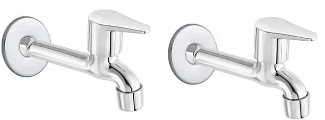 Stainless Steel Long Body Bib Cock Tap with Wall Flange, Silver, Set of 2