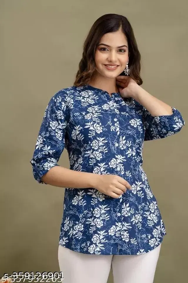 Cottonthree Quarter Sleeves Top for Women (Blue, L)