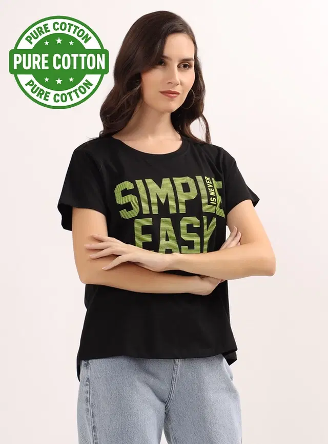 Round Neck Printed T-Shirt for Women, Black (L)