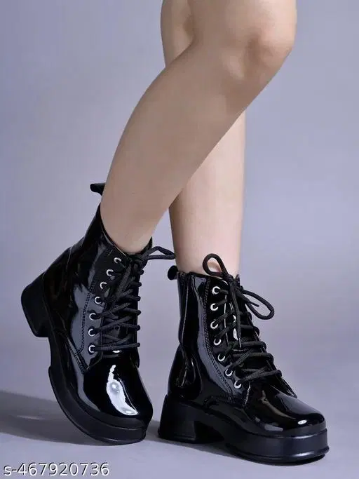 Shoetopia Solid Patent Leather Block Heeled Boots Black (IND-4)