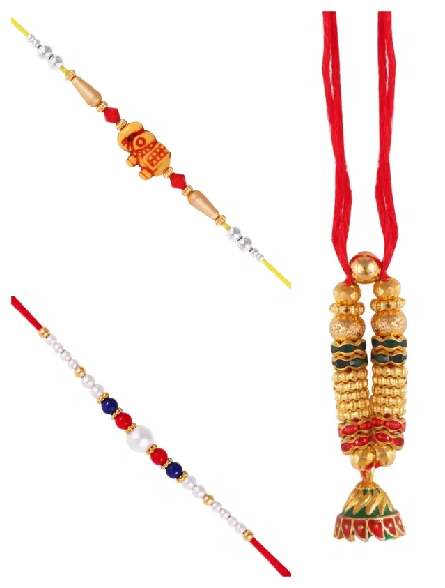 Designer Rakhi with Pearls Lumba for Rakshabandhan, Multicolor, Pack of 3