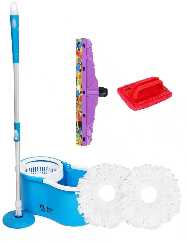 PVC Magic Spin Bucket Mop with 2 Refill & Cleaning Accessories Set, Blue, Set of 3