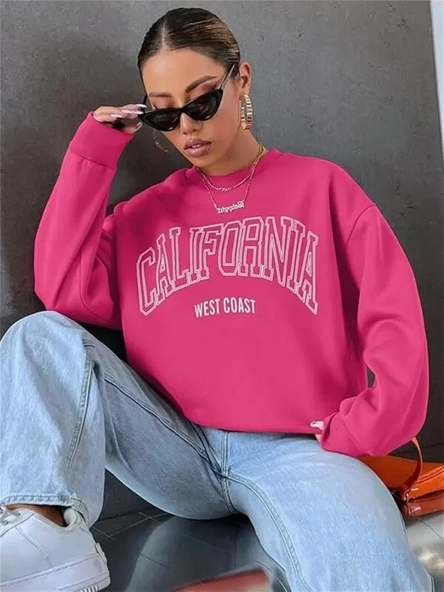 Women's Graphic Print Long Sleeve Round Neck Sweatshirt, Pink (L)