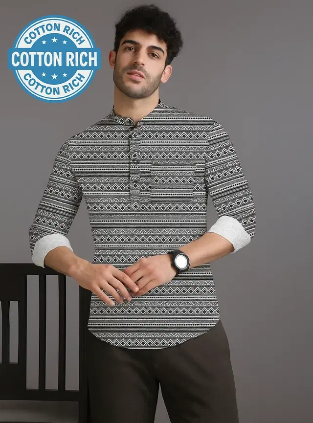 Cotton Blend Printed Kurta for Men, Grey (L)