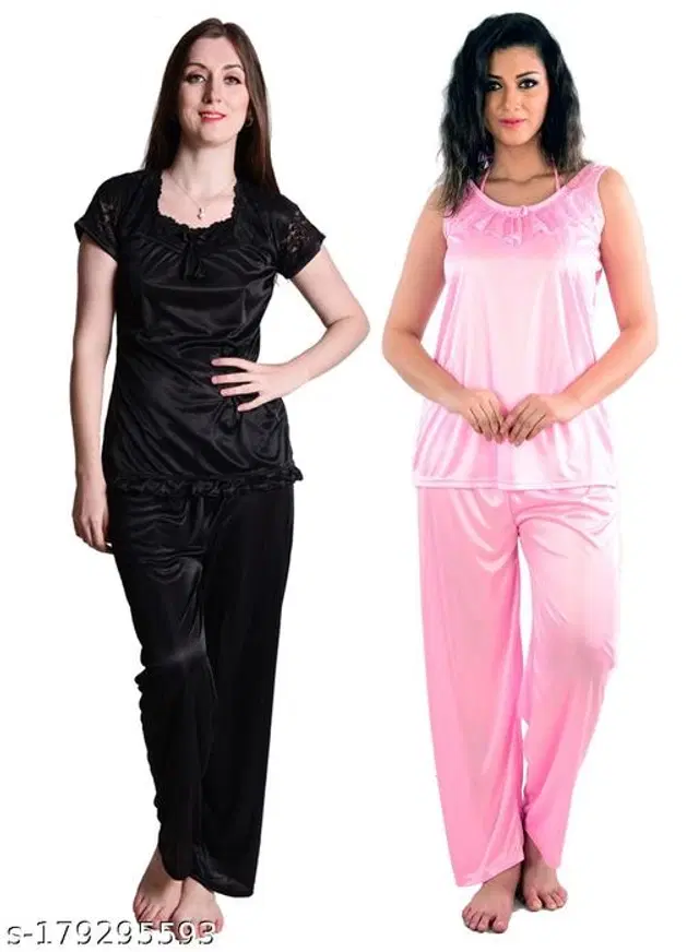 Satin Nightsuit Set for Women, Set of 2 (Black & Pink, M)