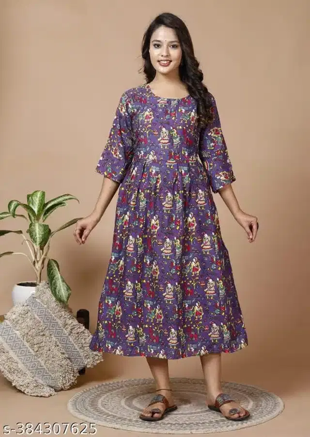 Rayon Printed Fidding Kurti for Women (Purple, M)