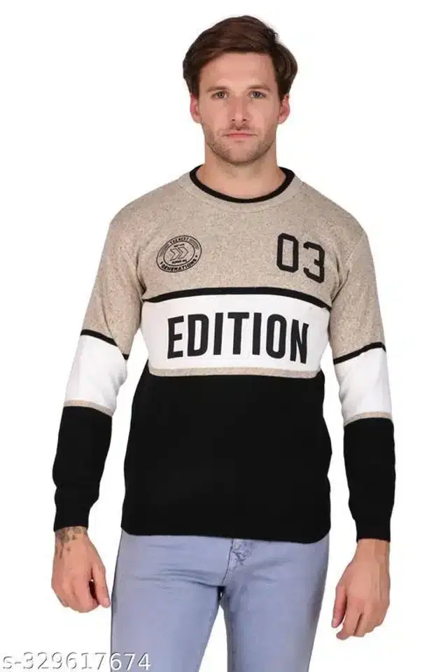 Acrylic Sweater for Men (Beige & Black, M)