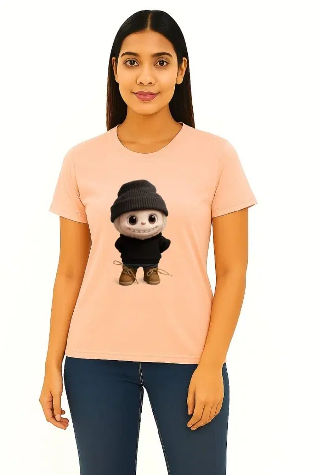Cotton Blend Printed T-shirt for Women, Peach (S)