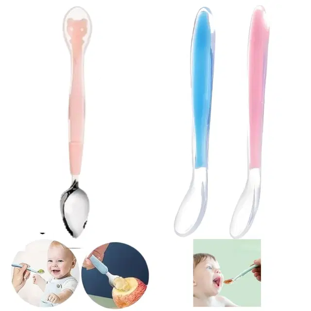 Combo of Silicone Double-Head & 2 Pcs Single-Head Feeding Spoon for Baby, Multicolor, Set of 3