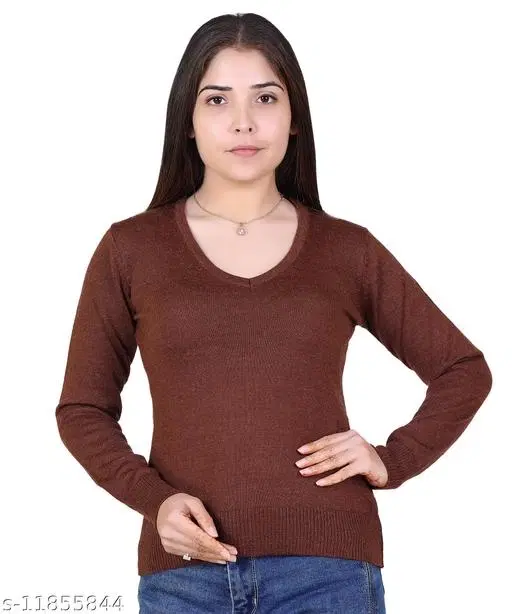 Acrylic Solid Sweater for Women (Brown, M)