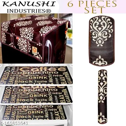 KANUSHI Industries® 1Pc Fridge Cover for Top with 6 Utility Pockets + 2 Handles Covers + 3 Fridge Mats (FRI-BROWN-FLORAL+2-HANDLE+M-26)