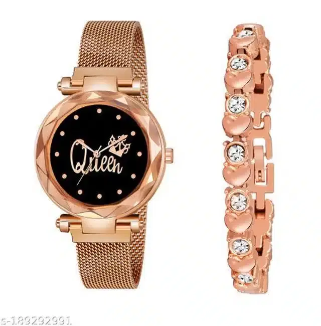 Analog Watch with Bracelet for Women, Set of 2 (Rose Gold)