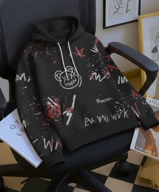 Fleece Printed Hoodie for Men, Black (M)