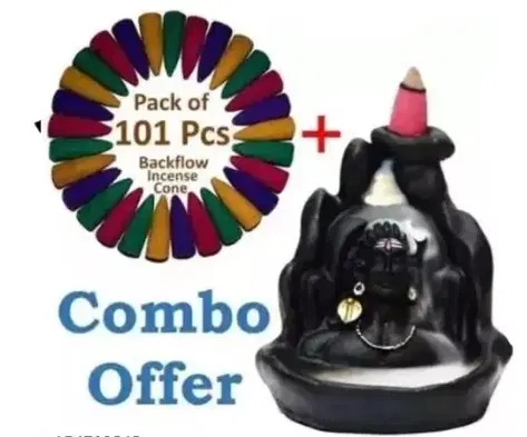 Handcrafted Adiyogi Mahadev Backflow Incense Cone Holder with Free 101 Pcs Cones, Multicolor, Set of 2