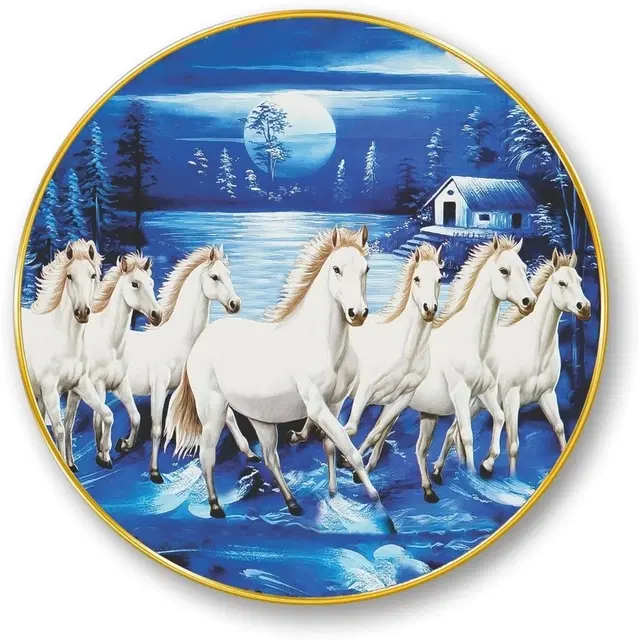 Kc Arts Uv Coated Blue Background White Horses Wall Hanging 12x12in