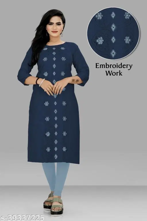 Cotton Slub Embroidered Kurti for Women (Navy Blue, M)